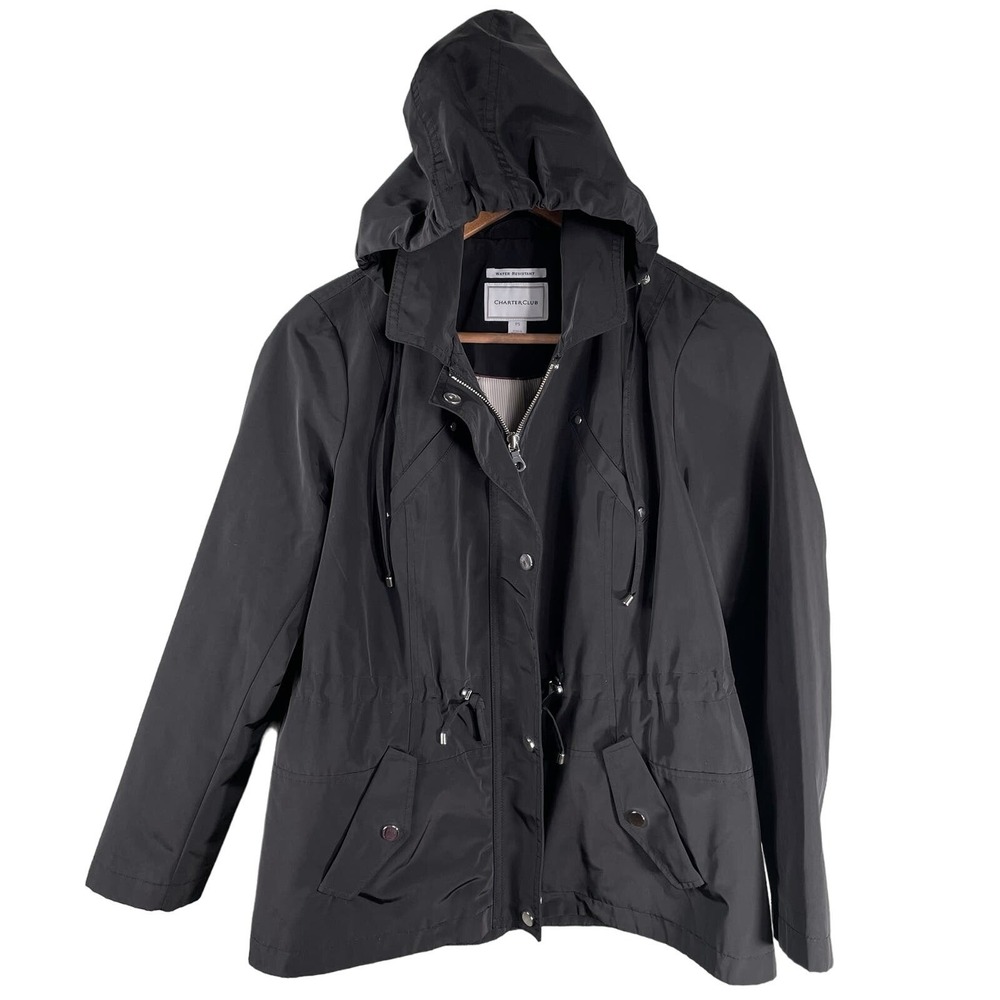 Charter Club Water Resistant Jacket Womens PS Black Anorak Hooded Rain Coat‎